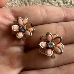 Pink Flower Stud Earrings, Gold on Petals, Crystal Center, Excellent Condition!